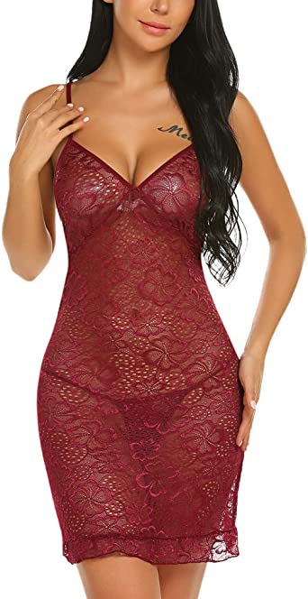 ELOVER Women Lingerie Sexy Satin Nightgown V Neck Nightwear Sleepwear Lace Babydoll Chemise Full Slip Dress