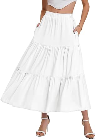 Bloggerlove Women’s Summer Boho Elastic Waist A-Line Pleated Flowy Swing Ruffle Hem Tiered Midi Skirt with Pockets