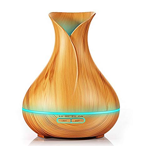 KBAYBO 400ml Aroma Essential Oil Diffuser Ultrasonic Air Humidifier with Wood Grain 7 Color Changing LED Lights for Office Home (Light Wood)