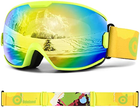 Odoland OTG Ski Goggles for Kid, UV Protection and Anti-Fog Len for Children and Youths, Double Grey Spherical Lens Snowboard Goggles Perfect for Skating Skiing Snowboard for Boys and Girls