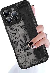 LSL Case for iPhone 16 Pro Max Black Flowers Florals with Wristband Kickstand, Translucent Matte Shockproof Protective Slim Silicone Case for Women Girls, Black Flowers Florals