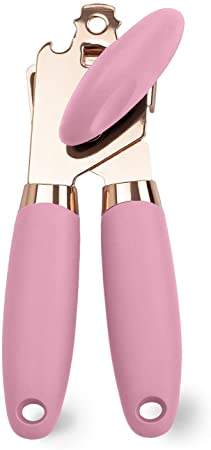 COOK with COLOR Deluxe Manual Rose Gold Quality Stainless Steel Can Opener With Durable Pink Anti Slip Handles and Large Knob with Built In Bottle Cap Opener