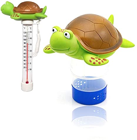 Chlorine Floater, Turtle Collapsible Floating Pool Chemical Dispenser & Turtle Pool Thermometer，Fits 3" Chlorine Tablets，Release Adjustable for Indoor & Outdoor Swimming Pool Hot Tub SPA(2 Pack)