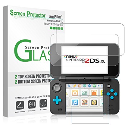 Nintendo 2DS XL Glass Screen Protector, amFilm [2 Glass Top, 2 Glass Bottom] Screen Protectors for New Nintendo 2DS XL 2017 (4 Protectors in Package)