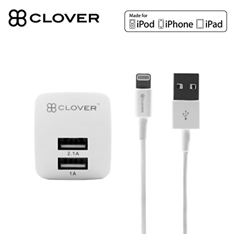 Clover Apple Certified iPhone Lightning Charger - Dual Port USB Wall Plug - For iPhone 7 Plus 7 6S Plus 6 Plus 6 6S 5S 5 5C SE - Fold Away Pins - 2.4a Rapid Power - Put In Bag & Take On Travel