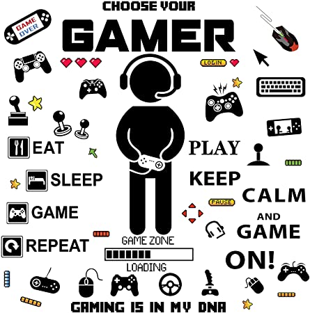 Game Room Wall Sticker Gamer Wall Decals Children Video Game Room Decor Gaming Controller Game Zone Loading Wall Stickers Removable DIY Cartoon Wallpaper Design for Bedroom Playroom Decor, 2 Sheets