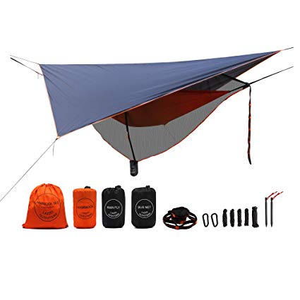 LAZZO Camping Hammock Set All-Inclusive,Single Hammock,Bug Net,Tarp,Suspension,Guyline,Stakes and Backpack,Perfect for Backpacking,Camping,Hiking & Yard