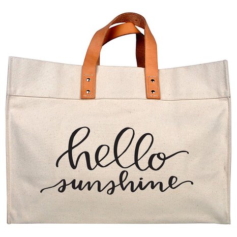 Canvas Beach Tote with Quote - Leather Handle, Large, 100% Cotton, Hello Sunshine