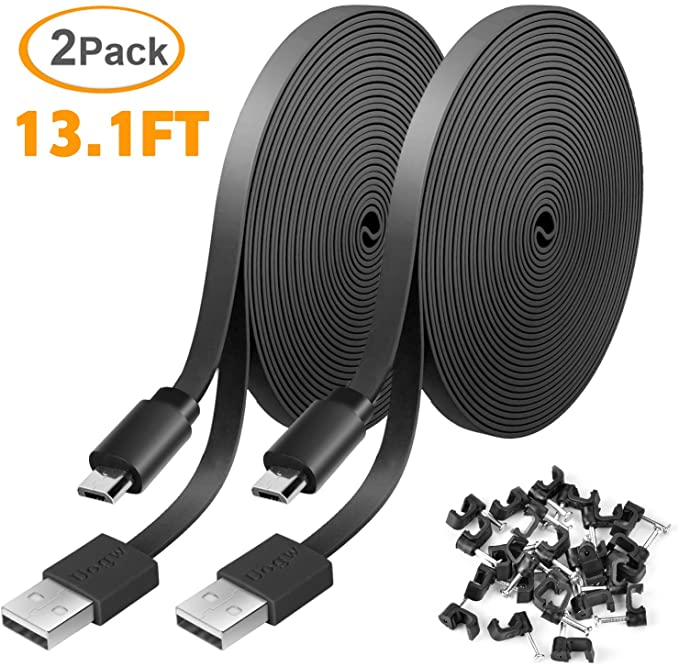 2 Pack 13.1FT Power Extension Cable for WyzeCam,WyzeCam Pan,KasaCam Indoor,NestCam Indoor,Yi Camera, Blink,Cloud Cam, USB to Micro USB Durable Charging and Data Sync Cord for Security Camera-Black