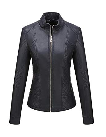 Bellivera Women's Faux Leather Casual Short Jacket，Moto Coat with 2 Zipper Pockets for Winter and Autumn