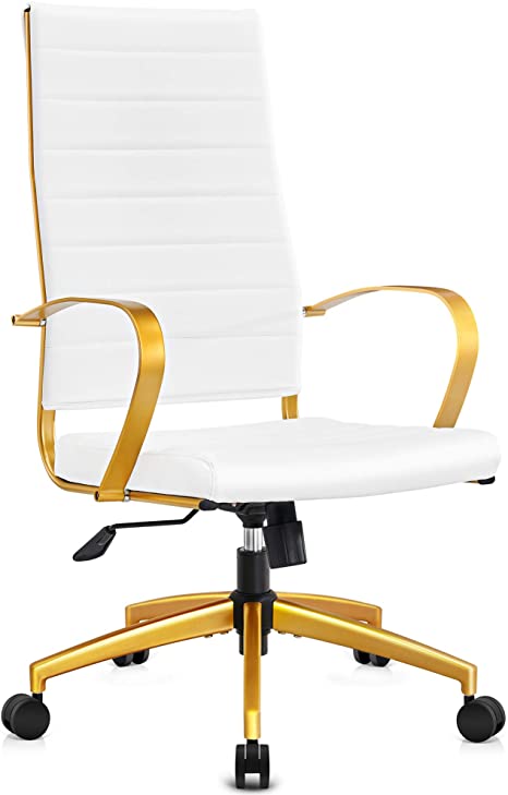 LUXMOD High Back Gold Office Chair in White Leather, Ergonomic Office Chair in Vegan Leather, Highback Desk Chair with Back Support, Executive Chair, Manager White and Gold Chair