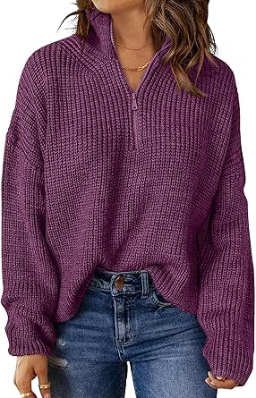 MEROKEETY Women's 2024 Long Sleeve Chunky Knit Sweaters 1/4 Zip Polo V Neck Casual Pullover Tops