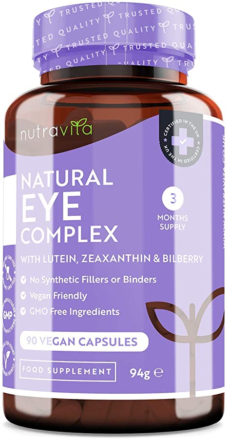 Natural Eye Complex – with Lutein, Zeaxanthin, Bilberry Extract, Vitamins A, B12 & Zinc – for Maintenance of Normal Vision – 90 Vegan Capsules – 3 Month Supply – Made in The UK by Nutravita