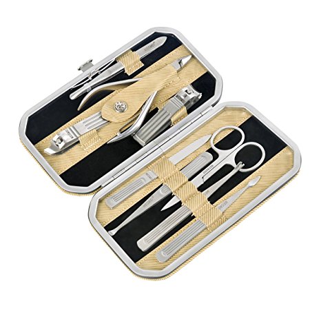 ETTG All in 1 Stainless Steel Personal Manicure Pedicure Ear Pick Nail-clippers Kit Set Travel Grooming Kit Travel & Grooming Set Personal Care Tools with Leather Case (9 pcs-mini pack)