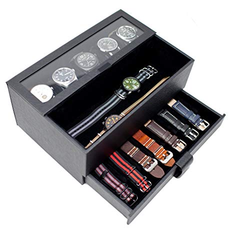 Caddy Bay Collection Watch Box w/Removable Watch Band Display Case & Valet Tray Holds 5 Watches - Black