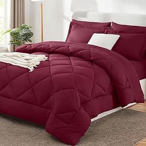 CozyLux Full Comforter Set with Sheets 7 Pieces Bed in a Bag Burgundy All Season Bedding Sets with Comforter, Pillow Shams, Flat Sheet, Fitted Sheet and Pillowcases, Red, Full