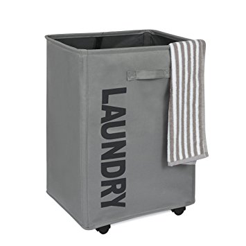WOWLIVE Large Collapsible Rolling Laundry Hamper Foldable Rectangular Tall Laundry Basket With Wheels Waterproof Standing Corner Home Laundry Hamper Organizer (Gray)
