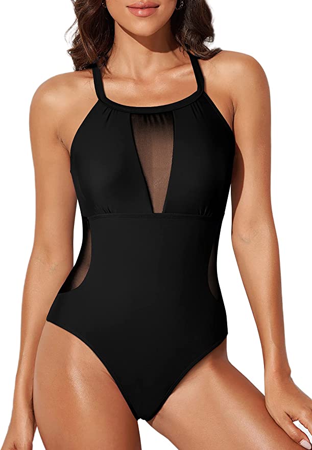 Aleumdr Womens One Piece Swimsuit High Neck Tummy Control Halter Bathing Suit Monokini Mesh Swimwear