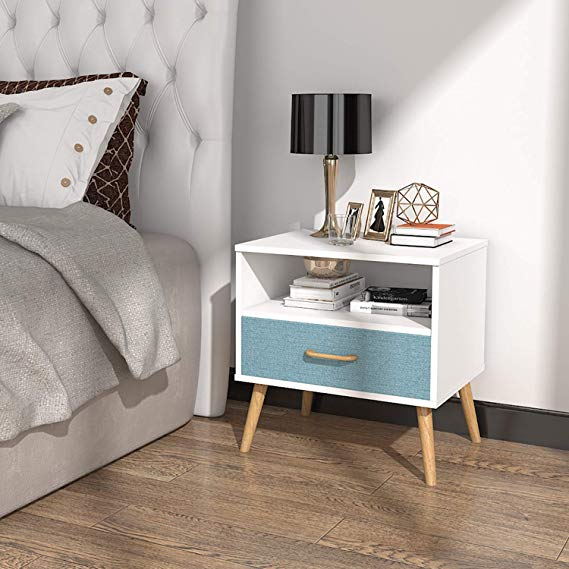 Lifewit Nightstand Bedroom Table Bedside Table, 1 Fabric Drawer, Chipboard and Wooden Legs, Sturdy and Durable, White