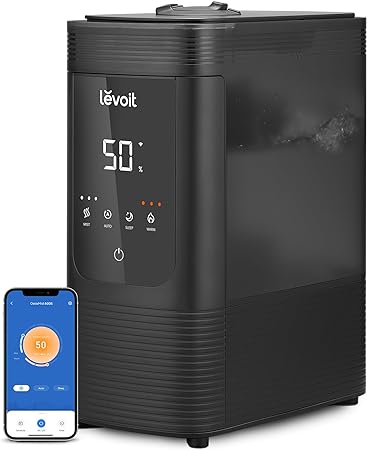 LEVOIT 6L Smart Warm and Cool Mist Humidifiers for Home Bedroom, 60H Runtime and Auto Customized Humidity for Large room, Schedule, Easy Top Fill, Essential Oil Diffuser, Whisper-Quiet, Handle, Black