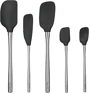 Tovolo 5-Piece Spatula Stainless Steel & Silicone Utensil Set (Black): Spatula, Spoonula, Jar Scraper, Mini Spatula, and Mini Spoonula