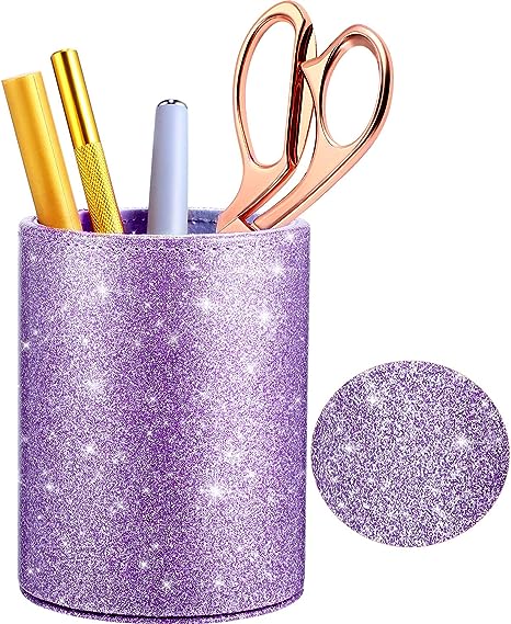 PU Glitter Pen Holder Pencil Cup Shiny for Women Girls, Luxury Makeup Brush Holder Pu Leather Organizer Cup Gift for Desk Office Classroom Home (Purple)