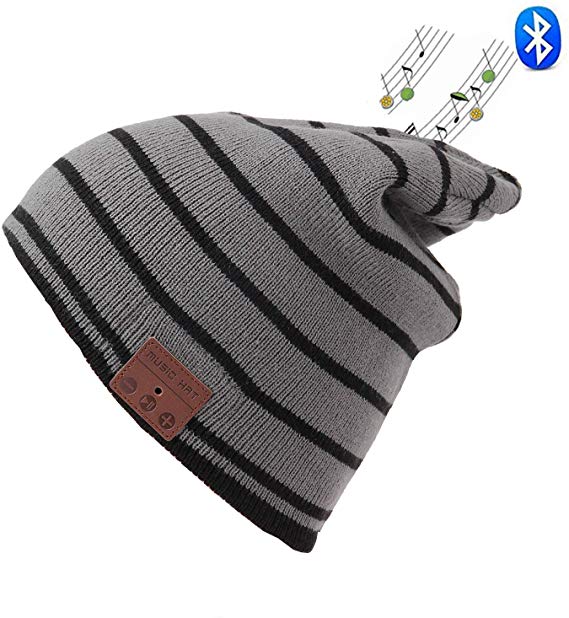Zonman Bluetooth Beanie Hat Wireless 4.2 Hands-Free Knit Music Cap with HD Stereo Speaker Headphone Mic Rechargeable USB for Winter Fitness Outdoor Sports (Y02-Stripe Gray)