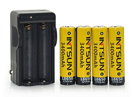 Intsun® 4pcs 3.7V 18650 3400mah Rechargeable Li-ion Battery with PCB and 18650 battery Charger for LED Flashlight, Headlamps, search light lamp, etc