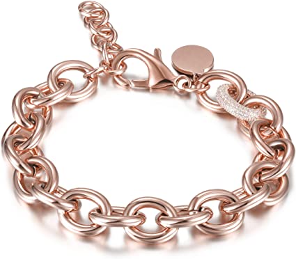 CIUNOFOR CZ Bracelet for Women Girls Wide Cuban Curb Oval Link Bracelet Silver Rose Gold Plated 9.5 Inches Stainless Steel Chain with Round Disc Charm