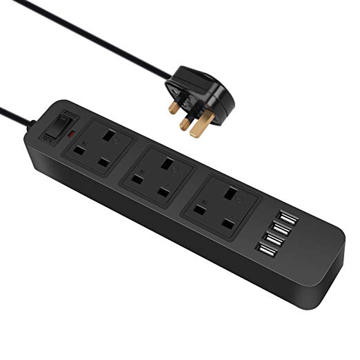 Extension Lead, GotechoD Power Strip with 3AC Outlets plus 4 USB Ports UK Surge Protector with Overload Protection Switch 6.5ft Cable for Home Office Desktop (Black)