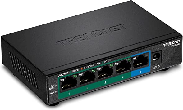 TRENDnet 5-Port Gigabit PoE  Switch, 32W PoE Power Budget, 10Gbps Switching Capacity, IEEE 802.1p QoS, DSCP Pass-Through Support, Fanless, Wall Mountable, Lifetime Protection, Black, TPE-TG52