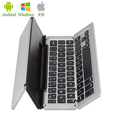 PinPle Bluetooth Keyboard Foldable with Aluminum Alloy Shell Ultra Slim Keypad with Kickstand Design - Compatible with iPhone 7 / iPad Pro / iPad Mini 4 / iPad / Android / iOS / Type-C (Silver)