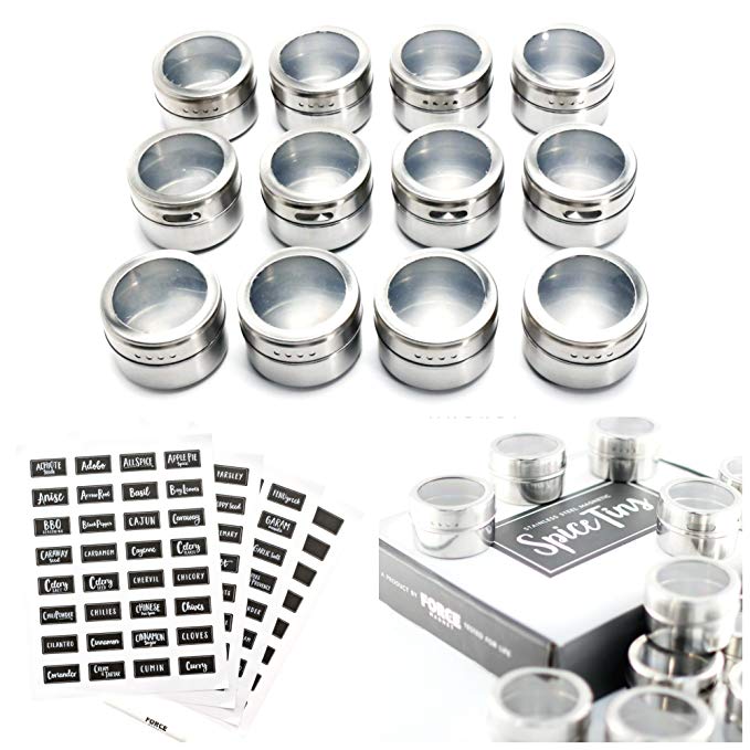 FORCE MAGNET Upgraded LIDS - 12 Magnetic Spice Tins, 128 Custom Awesome Spice Labels, Free Pen Round Storage Spice Jars Set of 12, Clear Top Lid, Real Stainless Steel