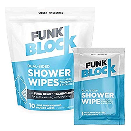 FunkBlock Body Wipes: Large Shower Wipes Ideal for Hygiene, Body Cleansing, Camping Wipes, Gym & Travel. No Rinse Bathing Wipes with Aloe and Vitamin E. Bag of (10) Unscented, Individually Wrapped,