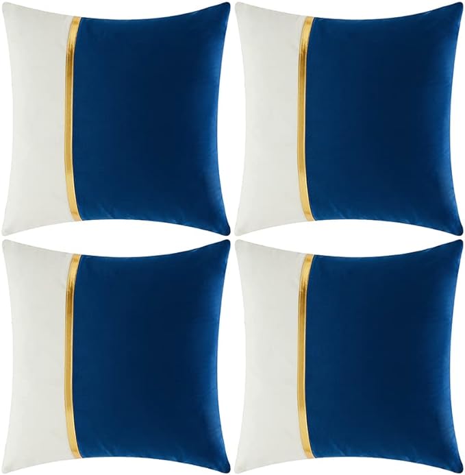 Fancy Homi 4 Packs Blue Decorative Throw Pillow Covers 18x18 Inch for Living Room Couch Bed, Royal Blue and White Velvet Patchwork with Gold Leather, Luxury Home Decor Square Cushion Case 45x45 cm