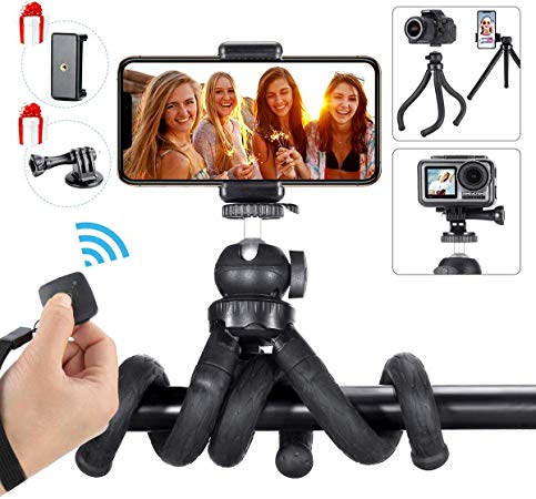 Octopus Phone Tripod Mount with Remote Bluetooth Flexible Camera Tripod Stand Smartphone Holder Compatible with iPhone/Android Phone/DSLR Camera/DJI Osmo Action/Gopro Hero 7 6 5 Vlog Accessory Kit