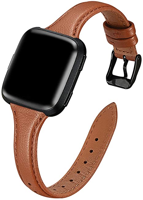 WFEAGL for Fitbit Versa Band, Top Grain Leather Band Slim & Thin Narrow Small Wristband Strap for Fitbit Versa/Versa 2 /Versa Lite/Versa SE Fitness Smart Watch (Brown Band Black Buckle)