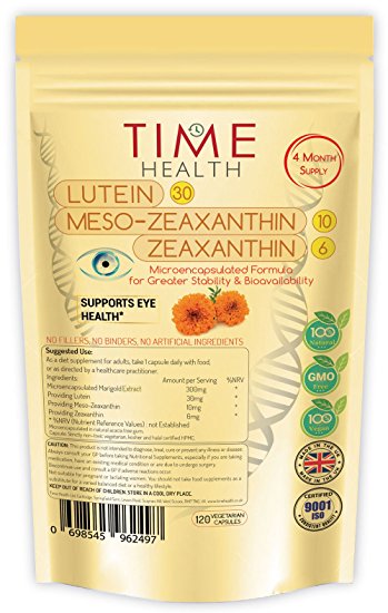 New Micro-encapsulated Formula- Lutein 30mg - Meso-zeaxanthin 10mg - Zeaxanthin 6mg - 100% Pure Natural Highly Bioavailable 4 - UK Manufactured (120 Capsule Pouch)