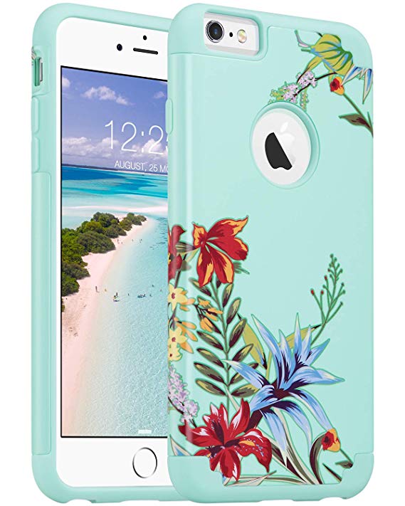 ULAK Slim Case for iPhone 6 Plus / 6S Plus 5.5 inch, Dual Layer Soft Silicone and Hard Back Cover Anti Scratches Bumper Protective Cover for Apple iPhone 6 Plus/6S Plus 5.5 inch (Mint Tropical Flower)