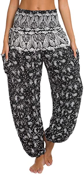 Urban CoCo Women's Smocked Waist Boho Floral Print Harem Yoga Pants