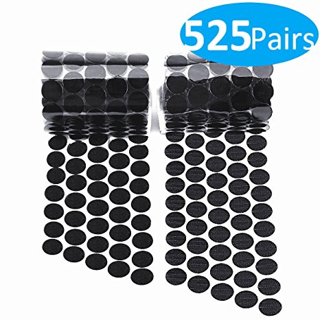 Self Adhesive Dots, Hompie Sticky Back Coins Nylon Coins Hook & Loop Strips,1050pcs (525 Pairs) 3/4 Diameter Round Dots Tapes with Waterproof Sticky Glue Fastener,Perfect for School,Office(Black)