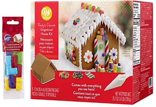 Wilton Christmas Gingerbread House Kit - Pre-Assembled, Ready To Decorate, Christmas Fun decorating Kit, Includes: House, Icing, Fondant, Candies, Decorating Bag & Tip - Bundled With Extra Candy!