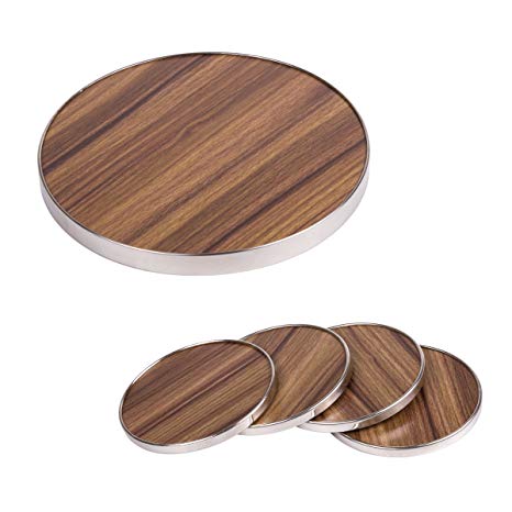 Creative Home MDF Wood Trivet and Coasters 5 PC Set with Acacia Finish & Stainless Steel Trim