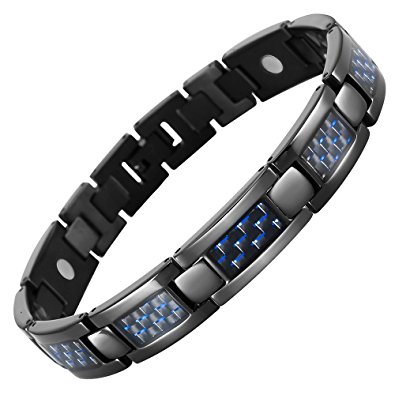 Willis Judd Mens Black Titanium Magnetic Bracelet With Blue Carbon Fibre In Black Velvet Gift Box   Free Link Removal Tool