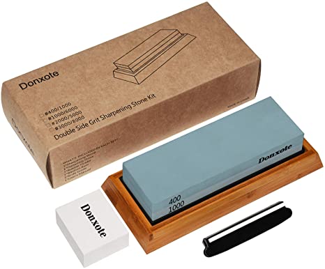 Donxote Sharpening Stone, 400/1000 Double Side Grit Waterstone, Chef Knife Sharpener, with Nonslip Bamboo Base & Angle Guide and Flattening Stone