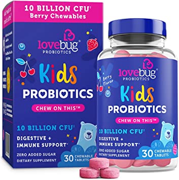 LoveBug Probiotics for Kids Immune Support, 10 Billion CFU & 6 Strains, 30 Natural Berry Flavored Chewable Tablets, Probiotic Supplement for Digestive & Immune Health, Allergen Friendly.