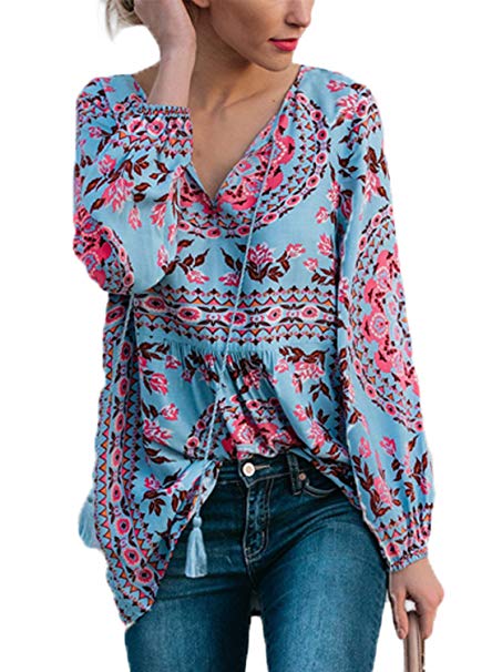 FARYSAYS Women's Casual V Neck Long Sleeve Floral Print T-Shirts Tops Blouse