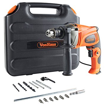 VonHaus 1050W Hammer Impact Drill - Stainless Steel Depth Gauge Heavy Duty Electric Corded Driver - Variable Speed - 13pc Drill Bits Set