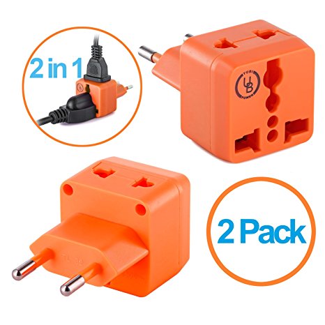 European Plug Adapter by Yubi Power 2 in 1 Universal Travel Adapter with 2 Universal Outlets - 2 Pack - Orange - Type C for Europe, France, Germany, Russia, Spain & more..