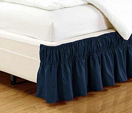 Mk Collection Wrap Around Style Easy Fit Elastic Bed Ruffles Bed-Skirt Queen-king Solid Navy Blue New